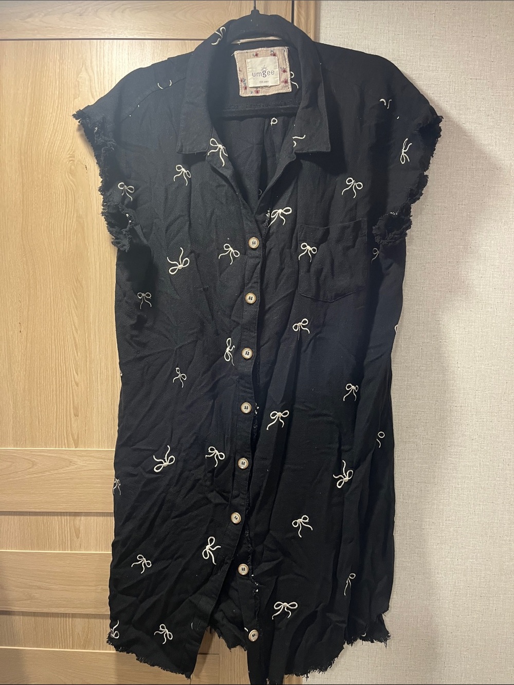 Umgee Black Mini Shirt Dress with White Bow Embroidery